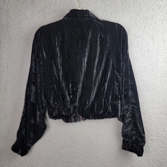 Zara Jacket Womens M Black Crushed Velvet Cropped Silver Zipper Pockets Dolman - Picture 6 of 15